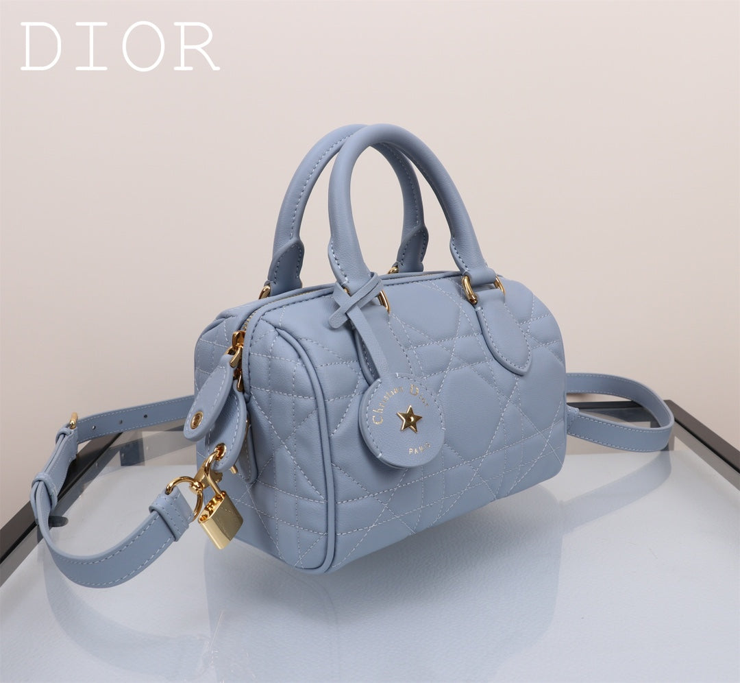 Dior Quilted Light Blue Leather Mini Boston Bag with Crossbody Strap