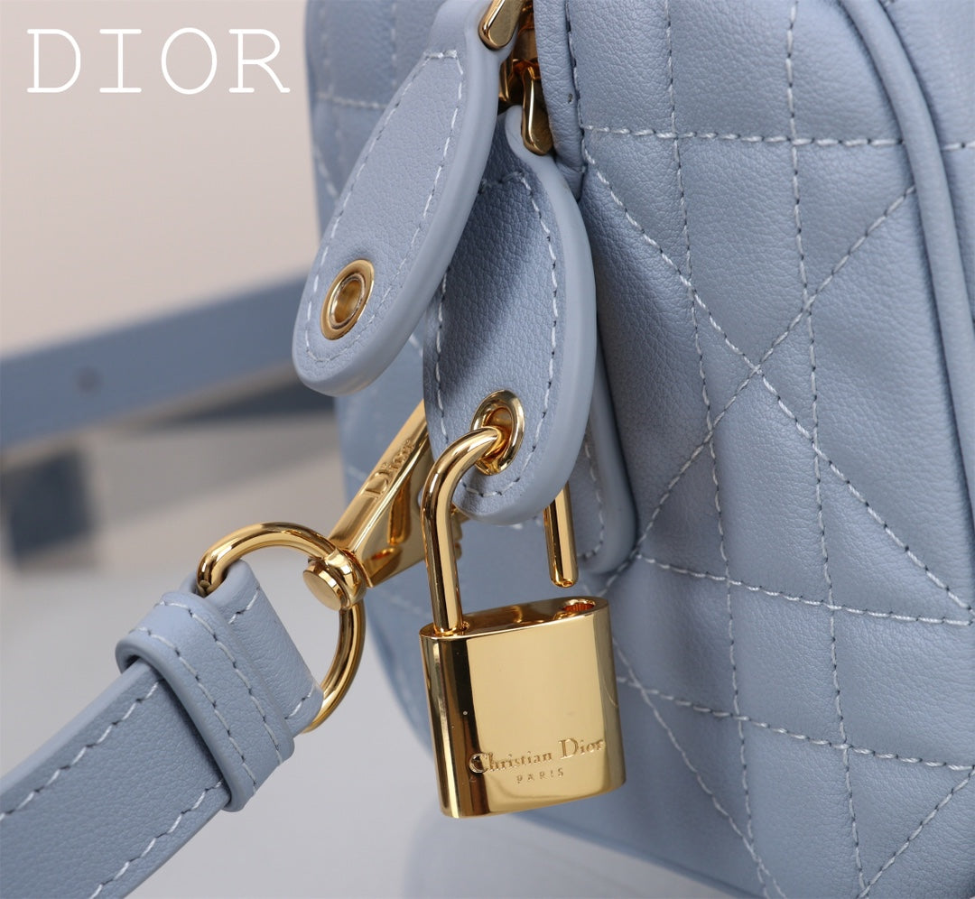Dior Quilted Light Blue Leather Mini Boston Bag with Crossbody Strap