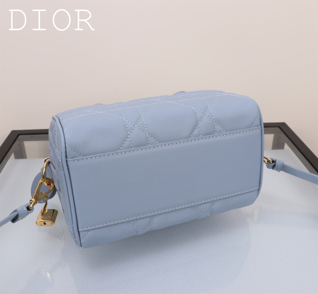Dior Quilted Light Blue Leather Mini Boston Bag with Crossbody Strap