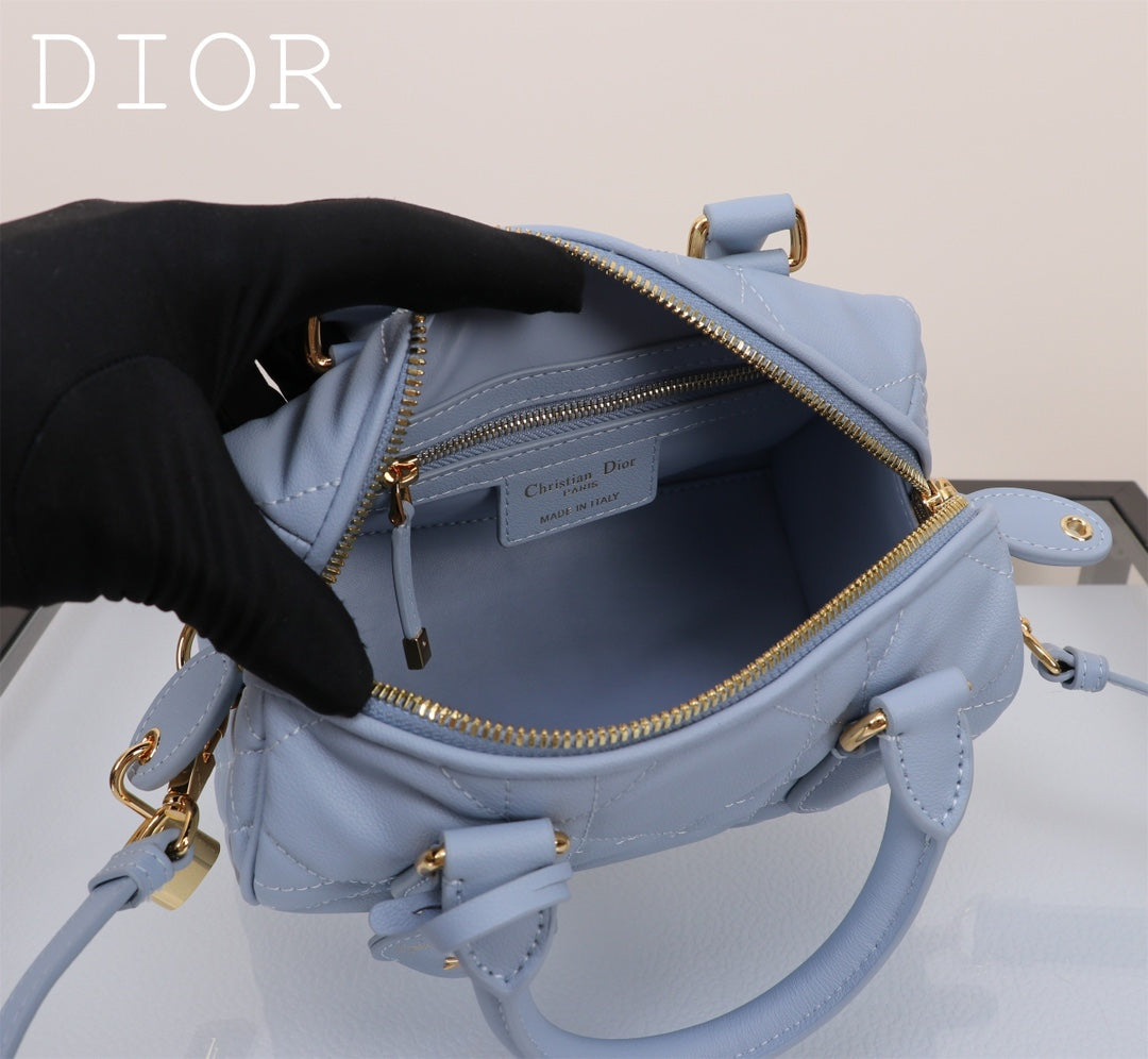 Dior Light Blue Quilted Leather Top Handle Satchel Bag with Strap