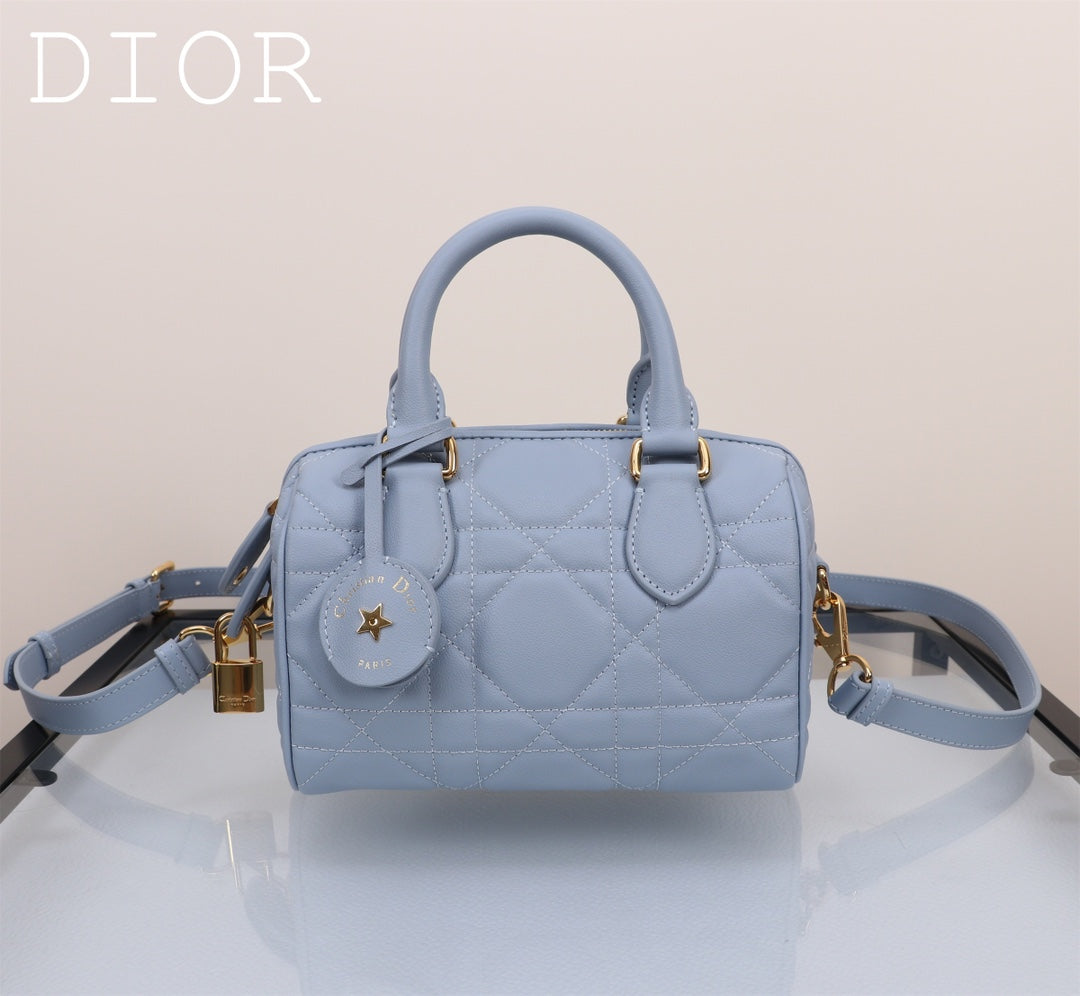 Dior Light Blue Quilted Leather Top Handle Satchel Bag with Strap