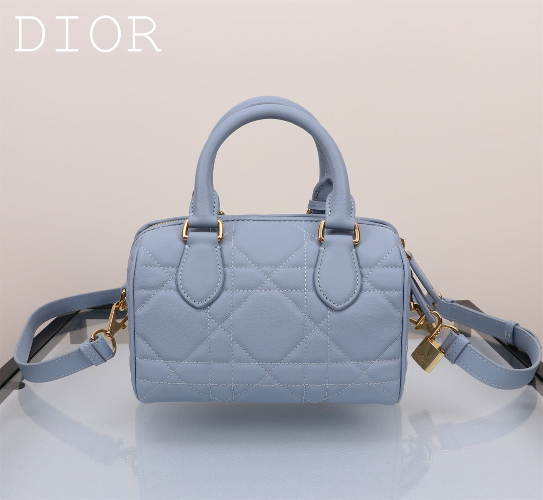 Dior Quilted Light Blue Leather Mini Boston Bag with Crossbody Strap