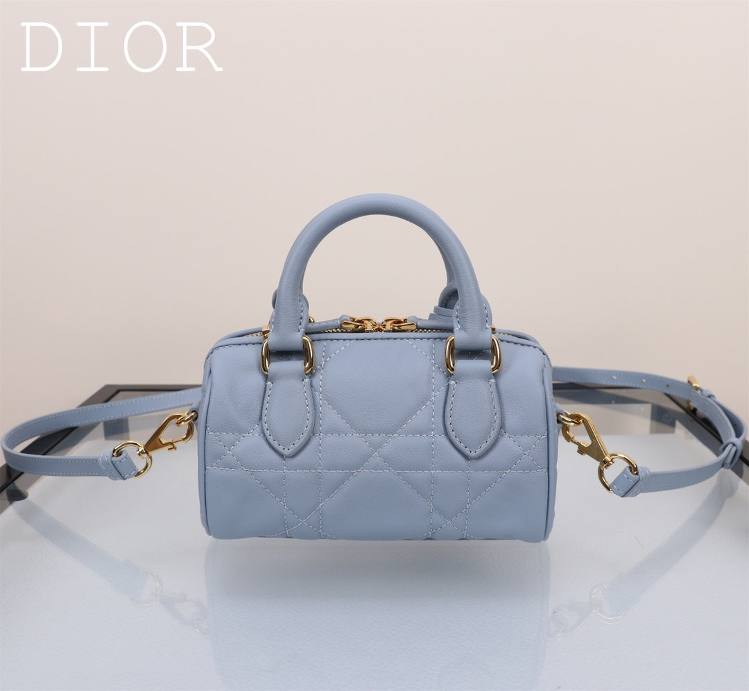 Dior Light Blue Quilted Leather Mini Bowling Handbag with Gold Star Charm