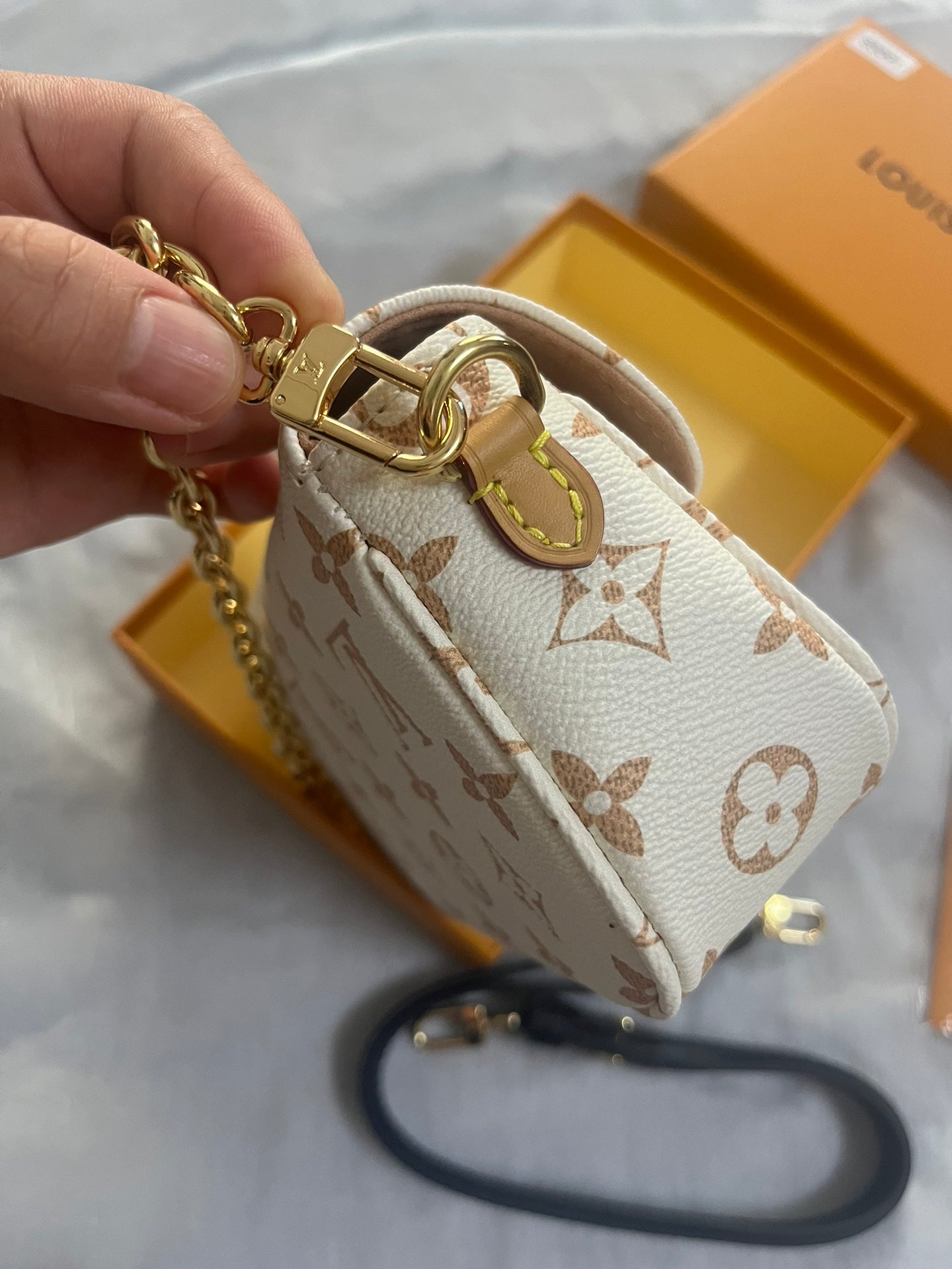 Louis Vuitton Beige Monogram Leather Shoulder Bag with Gold Chain