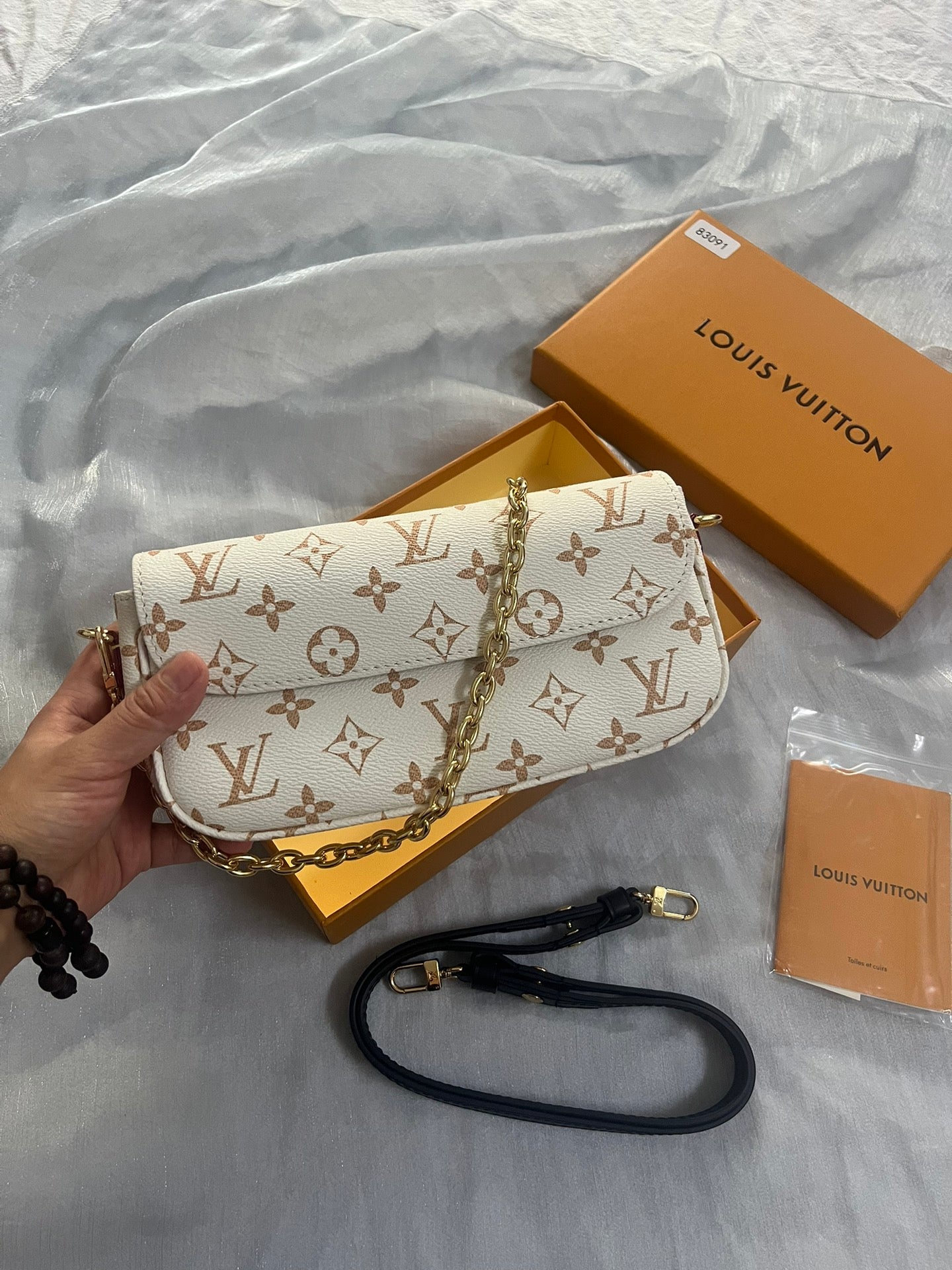 Louis Vuitton Beige Monogram Leather Shoulder Bag with Gold Chain