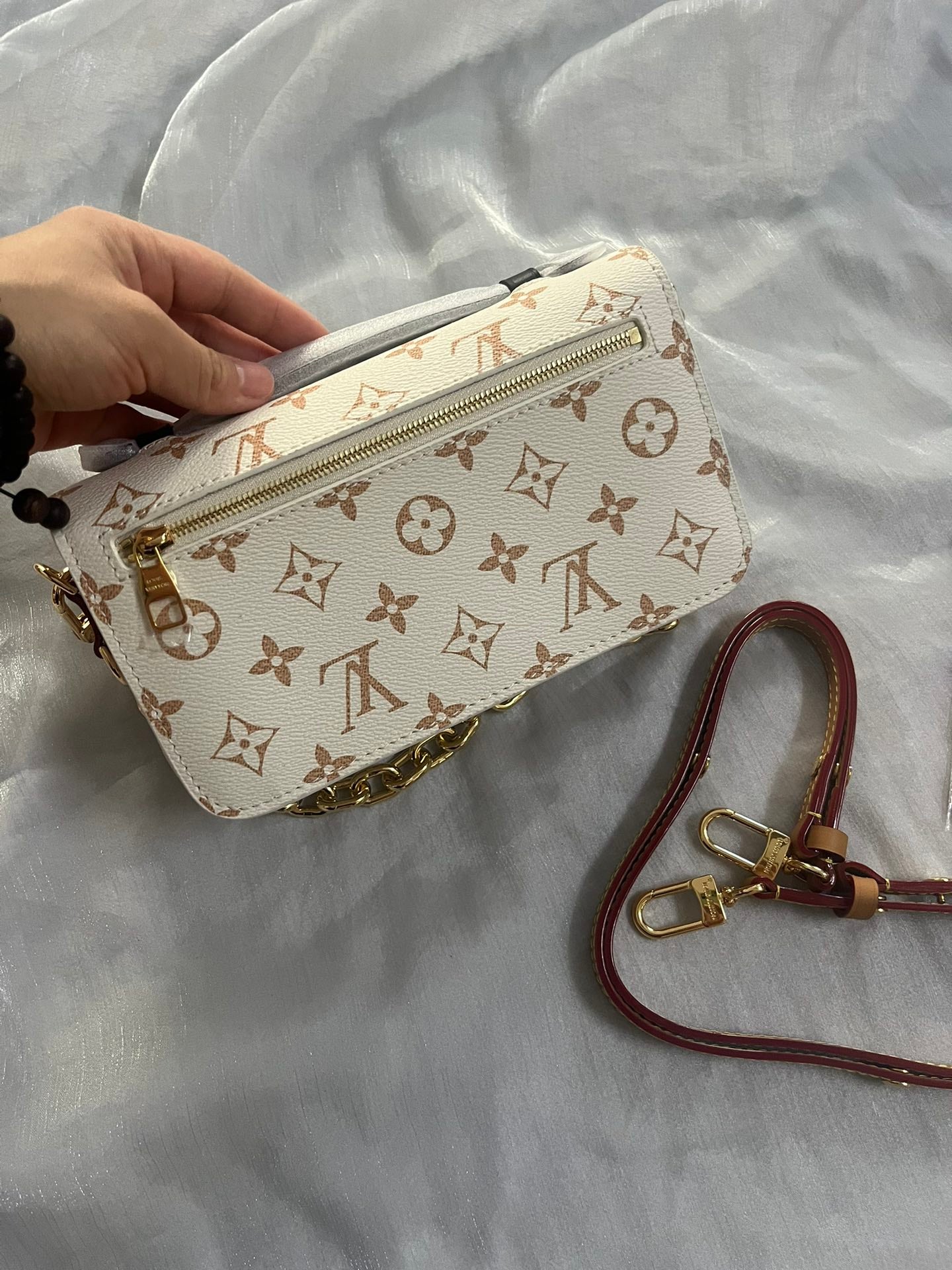 Classic Cream Monogram Luxury Shoulder Bag with Gold Chain &amp; Crossbody Strap