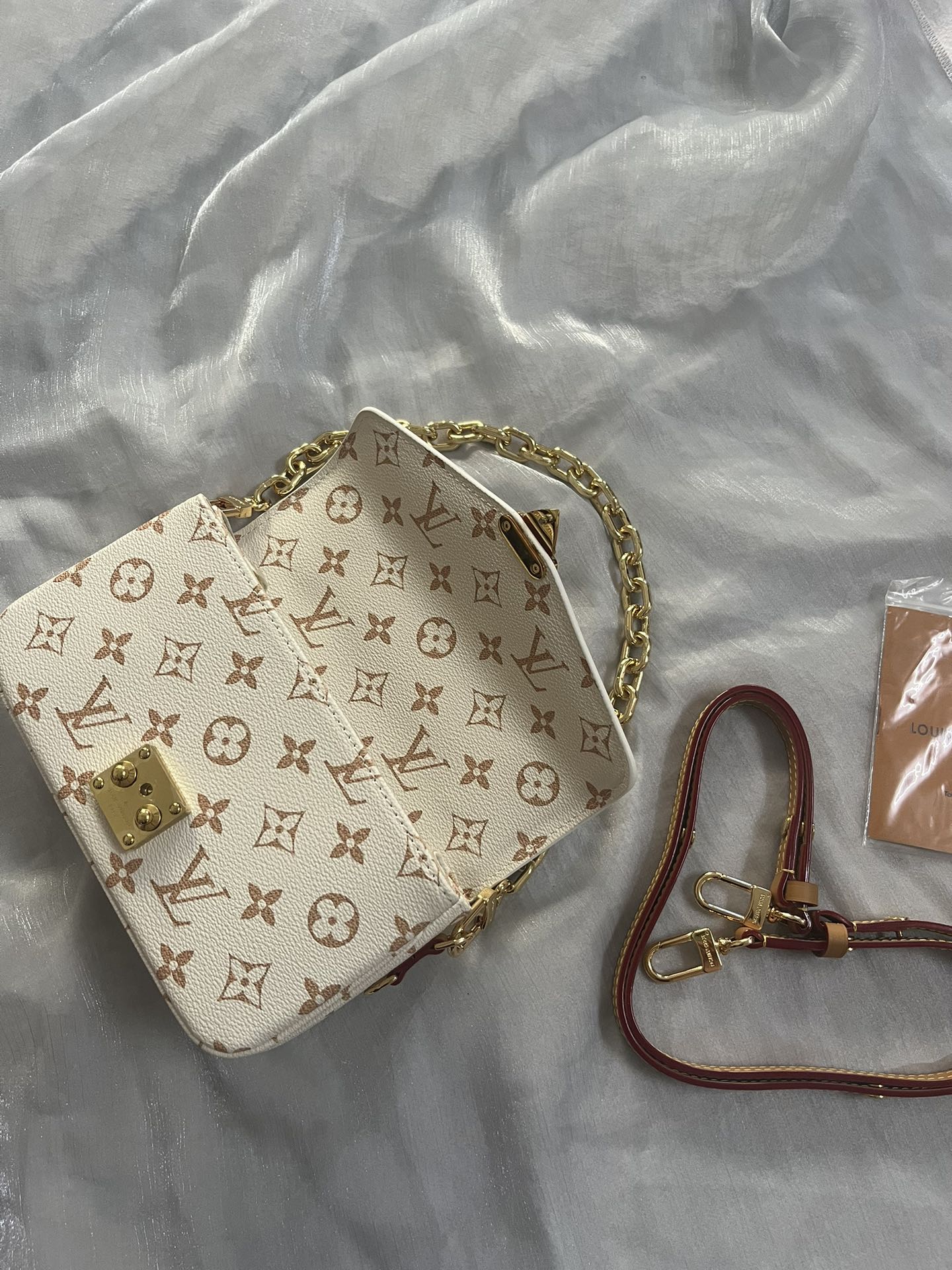 Classic Cream Monogram Luxury Shoulder Bag with Gold Chain & Crossbody Strap