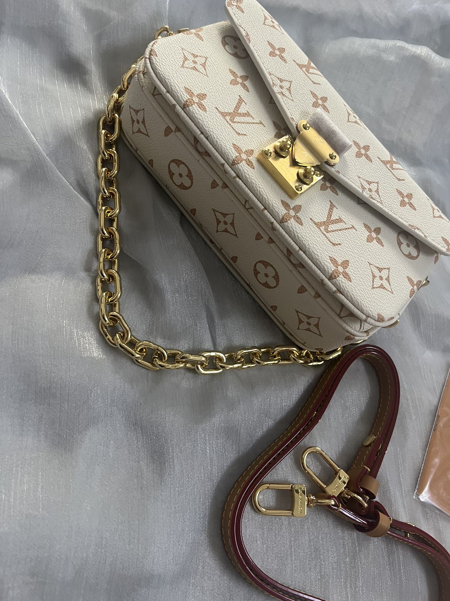 Classic Cream Monogram Luxury Shoulder Bag with Gold Chain &amp; Crossbody Strap