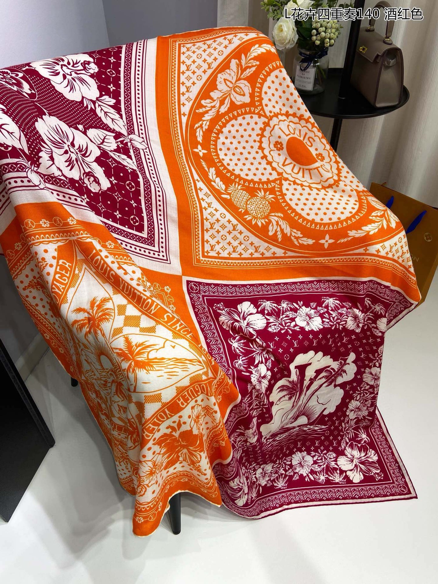 Women's Silk Square Scarf with Classic Monogram and Floral Print - Burgundy and Orange