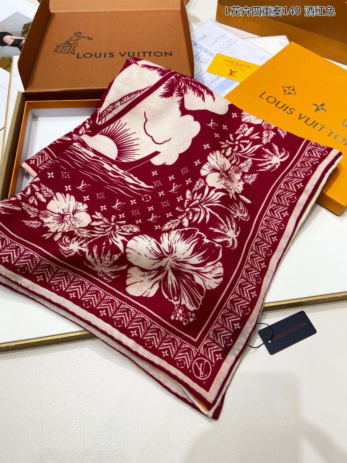 Women's Silk Square Scarf with Classic Monogram and Floral Print - Burgundy and Orange