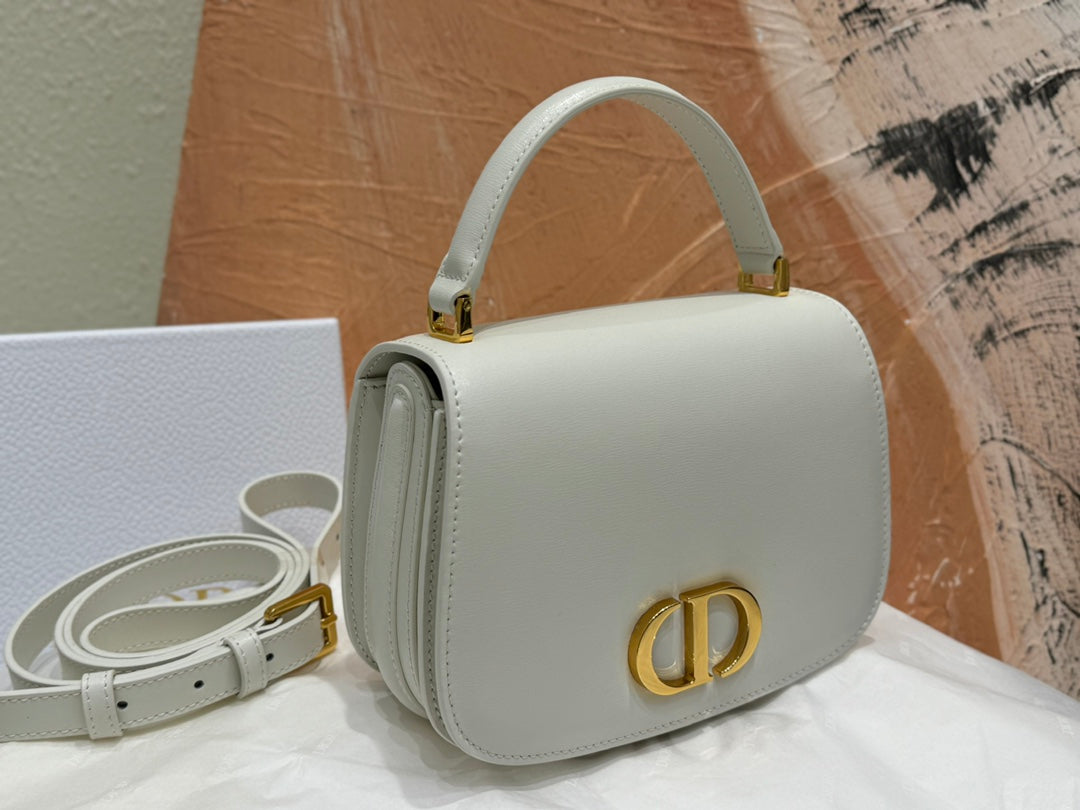 Dior Elegant White Leather Top Handle Handbag with Gold Buckle