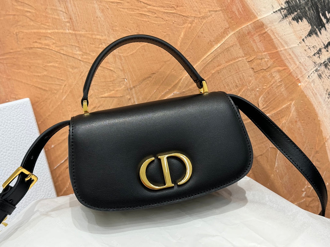Dior Classic Black Leather Crossbody Bag with Top Handle and Gold Clasp