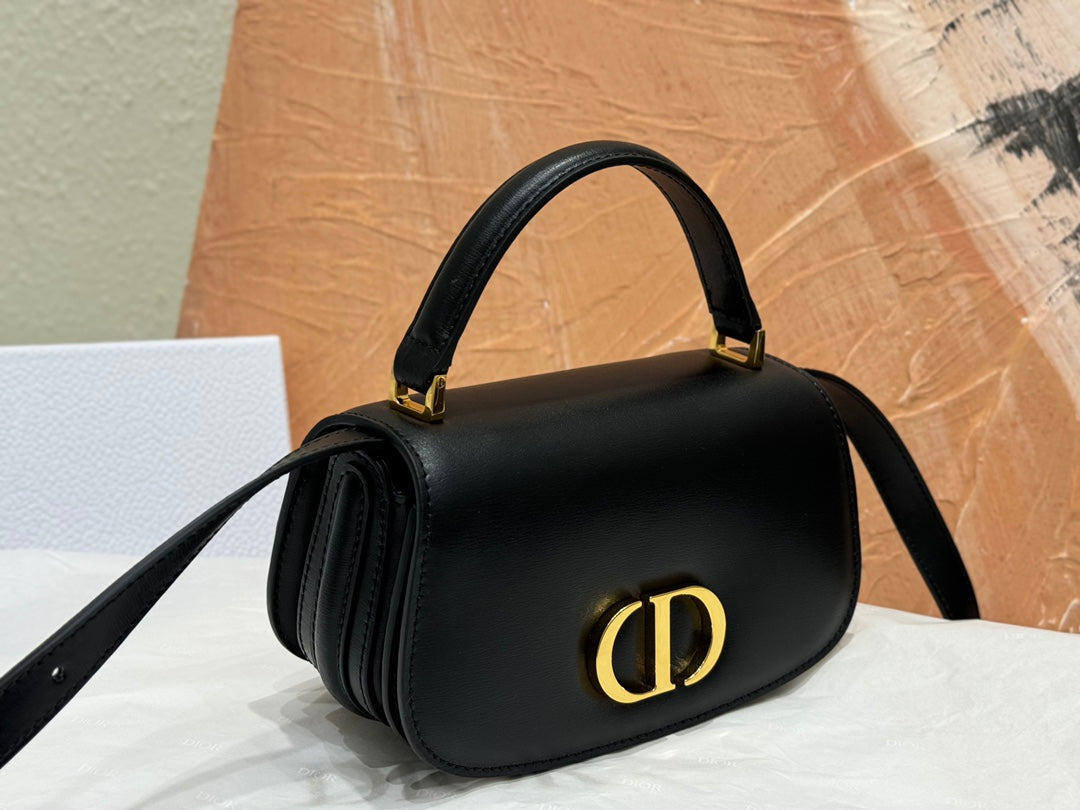 Dior Classic Black Leather Crossbody Bag with Top Handle and Gold Clasp