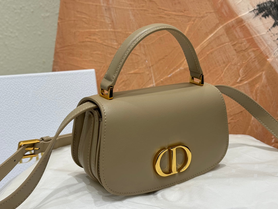 Dior Luxury Taupe Leather Shoulder Bag with Gold Buckle and Top Handle