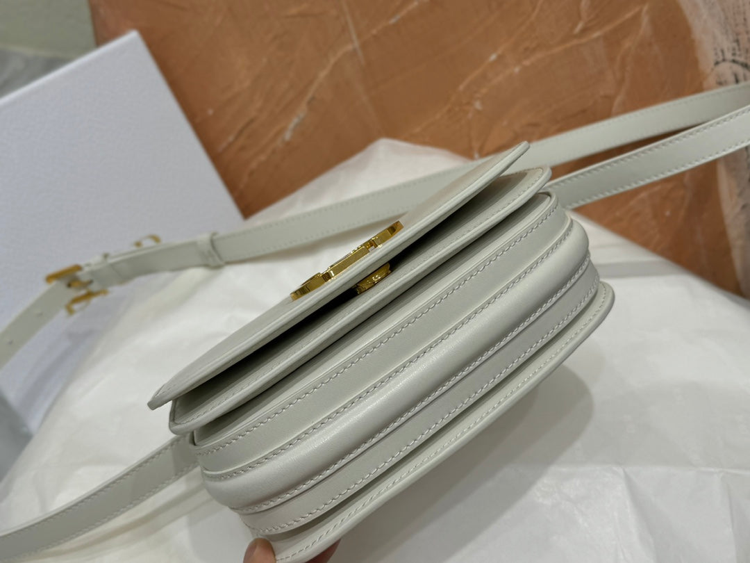 Dior Elegant Off-White Leather Top Handle Crossbody Bag with Gold Buckle