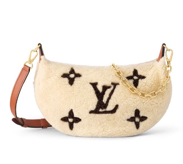 Louis Vuitton Plush Shearling Crescent Shoulder Bag with Gold Chain Strap