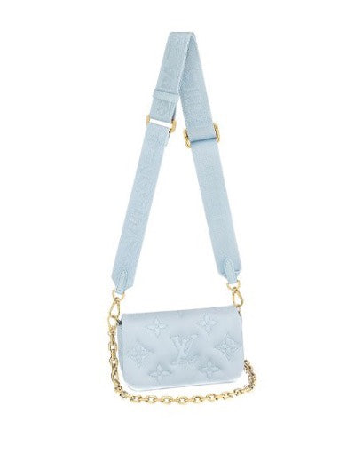Louis Vuitton Light Blue Embossed Crossbody Bag with Wide Strap and Gold Chain