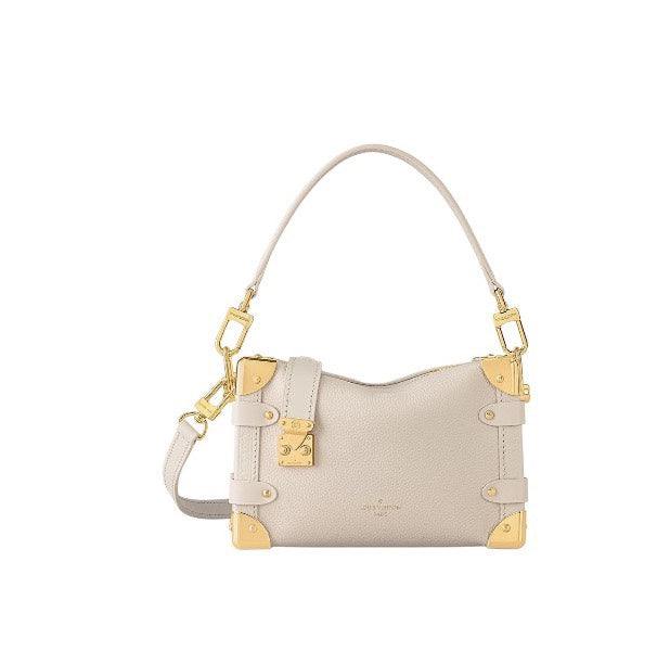 Louis Vuitton Elegant Cream Leather Trunk Shoulder Bag with Gold Hardware
