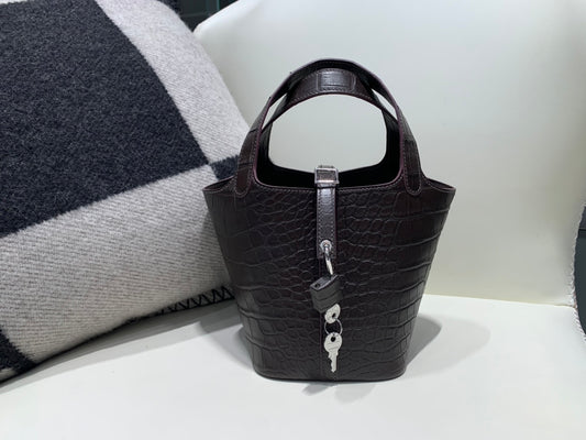 Luxury Small Brown Crocodile-Embossed Leather Bucket Bag with Lock and Key