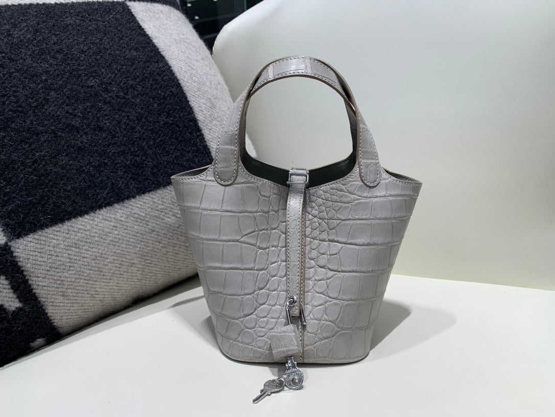 Luxury Crocodile Embossed Leather Bucket Bag - Light Grey Top Handle Tote