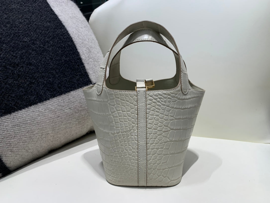 Crocodile Embossed Mini Bucket Handbag with Gold Lock - Cream