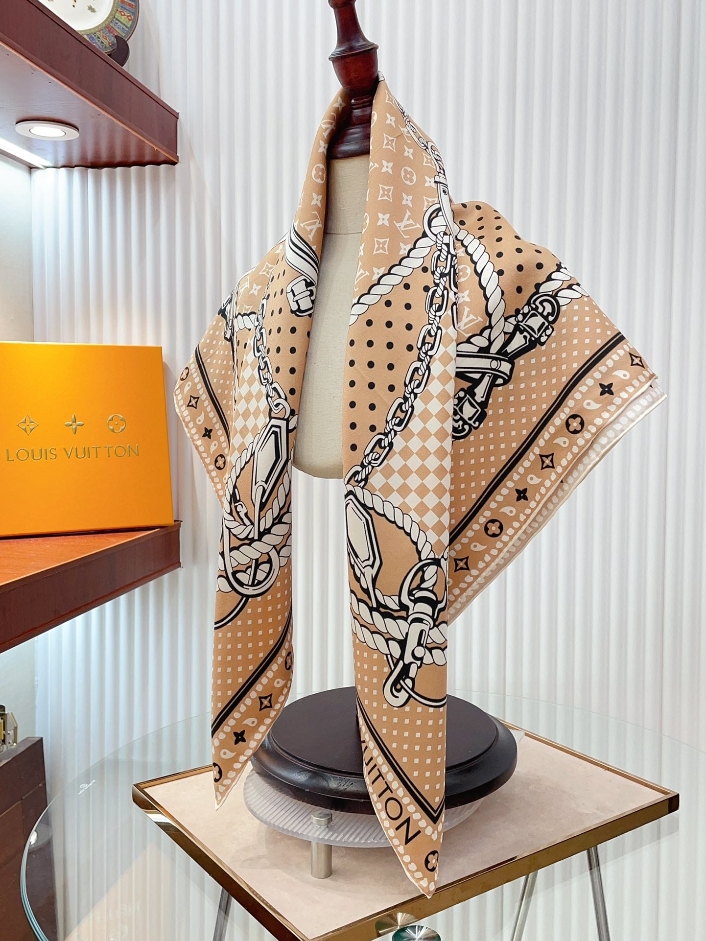 Women's Silk Feel Square Scarf - Elegant Geometric Rope and Chain Print Neck Wrap, Beige and Black