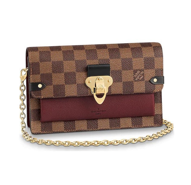 Louis Vuitton Brown Checkered Crossbody Bag with Gold Chain and Red Accent