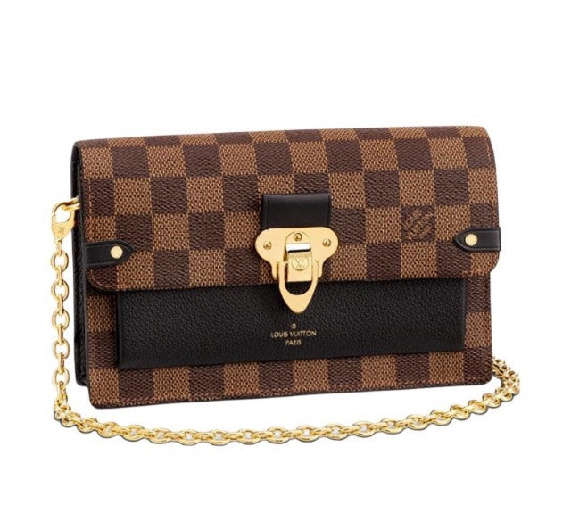 Louis Vuitton Classic Brown Checkered Crossbody Clutch Bag with Gold Chain
