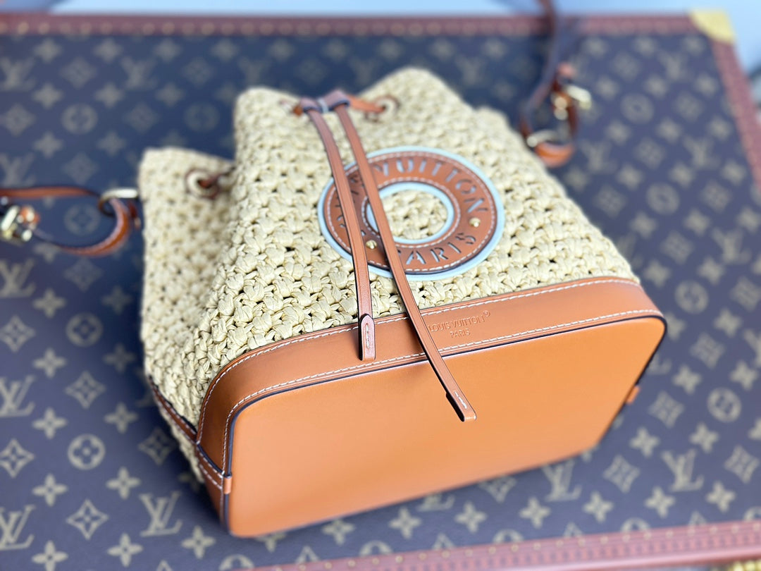 Louis Vuitton Summer Woven Straw Bucket Bag with Brown Leather Strap