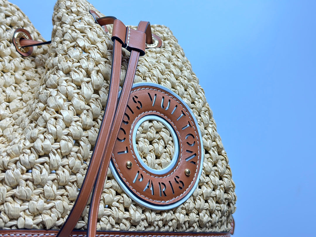 Louis Vuitton Summer Woven Straw Bucket Bag with Brown Leather Strap