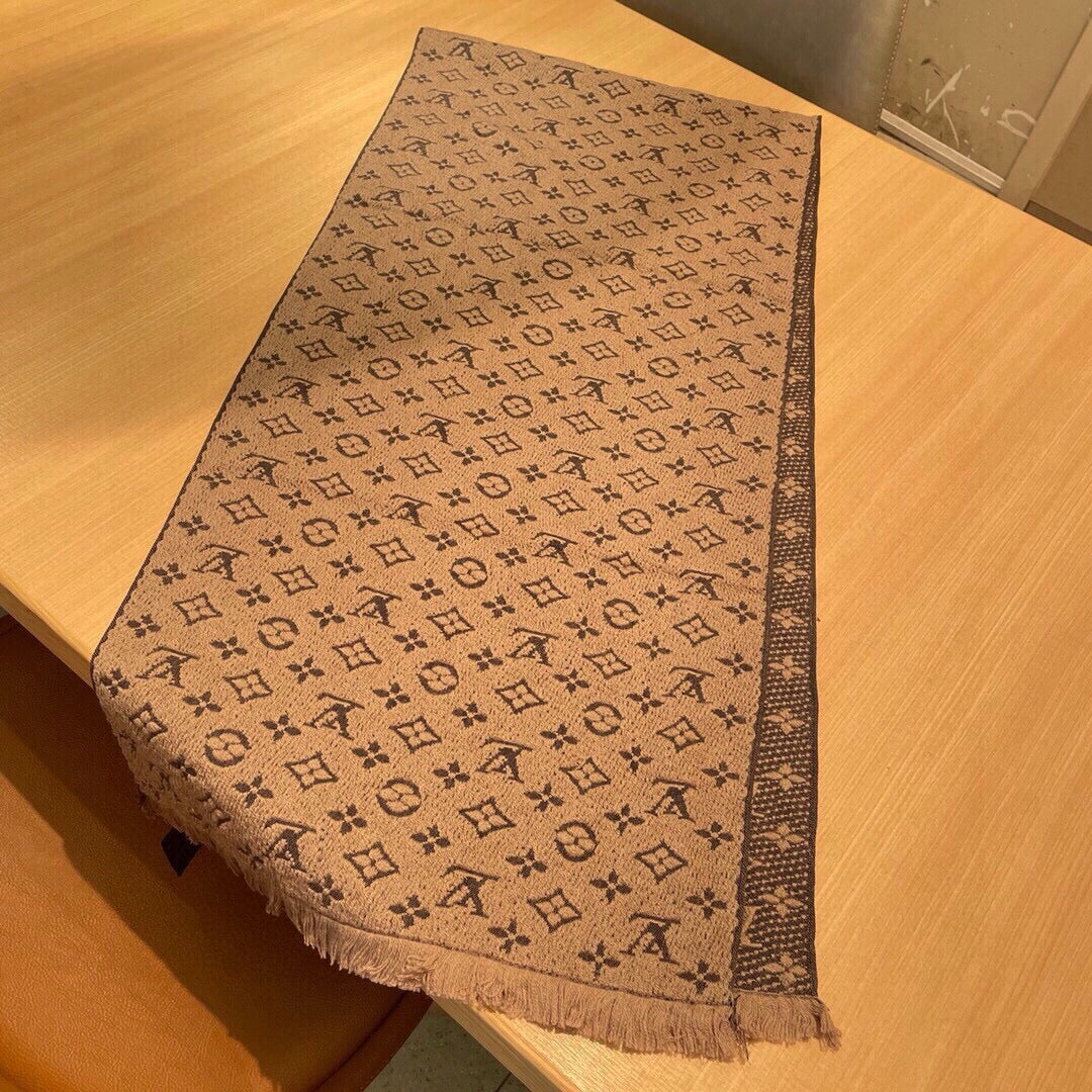 Women's Monogram Print Pashmina Scarf - Warm Beige Winter Shawl with Fringed Edges