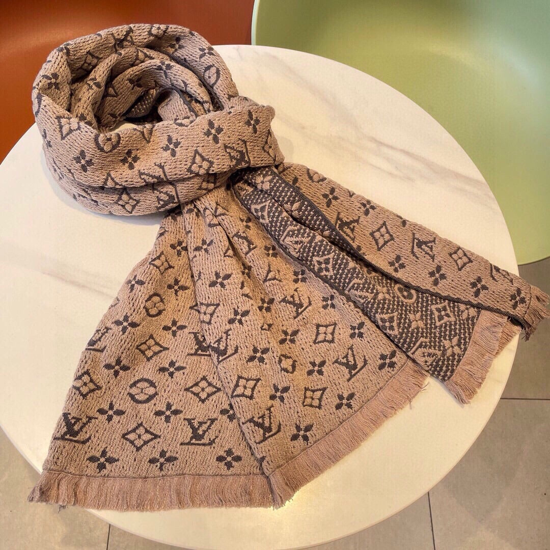 Women's Monogram Print Pashmina Scarf - Warm Beige Winter Shawl with Fringed Edges