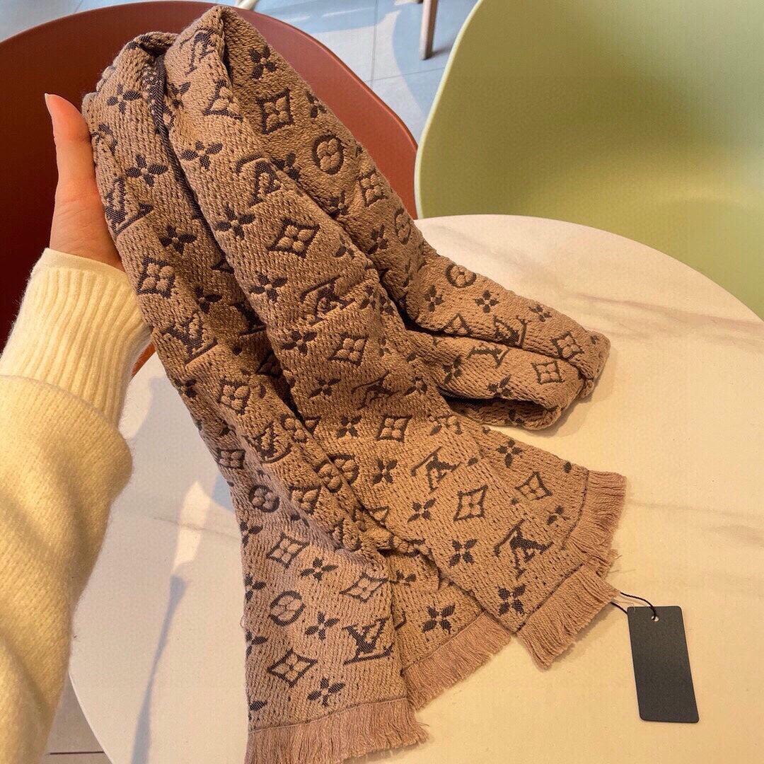 Women's Monogram Print Pashmina Scarf - Warm Beige Winter Shawl with Fringed Edges