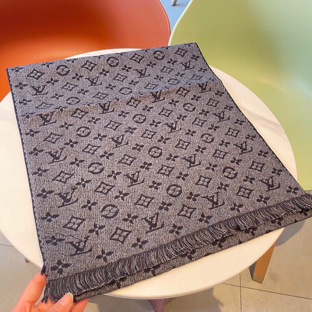 Grey Monogram Print Scarf for Women - Warm Fashion Shawl with Fringe Detail - Elegant Autumn Winter Accessory