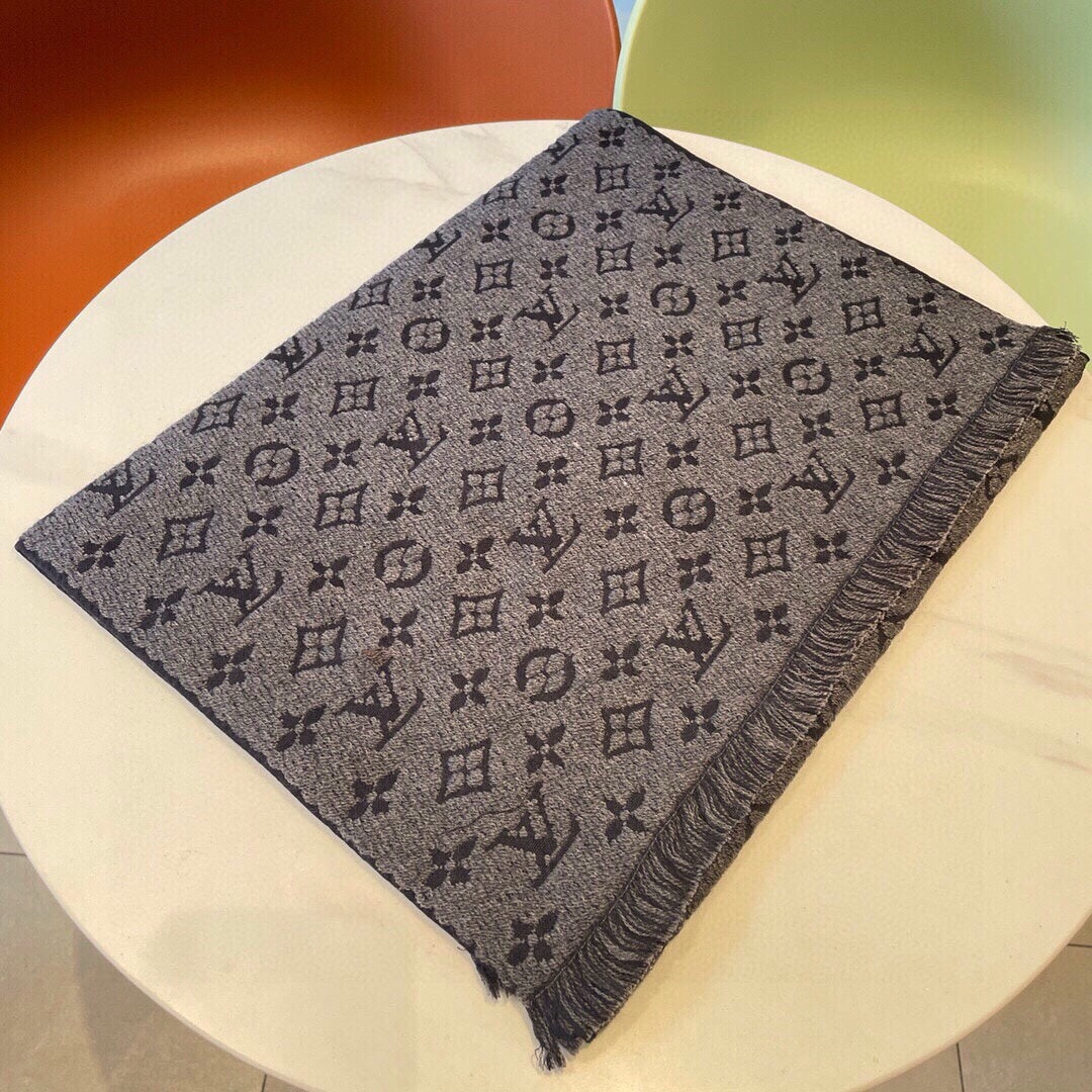 Grey Monogram Print Scarf for Women - Warm Fashion Shawl with Fringe Detail - Elegant Autumn Winter Accessory