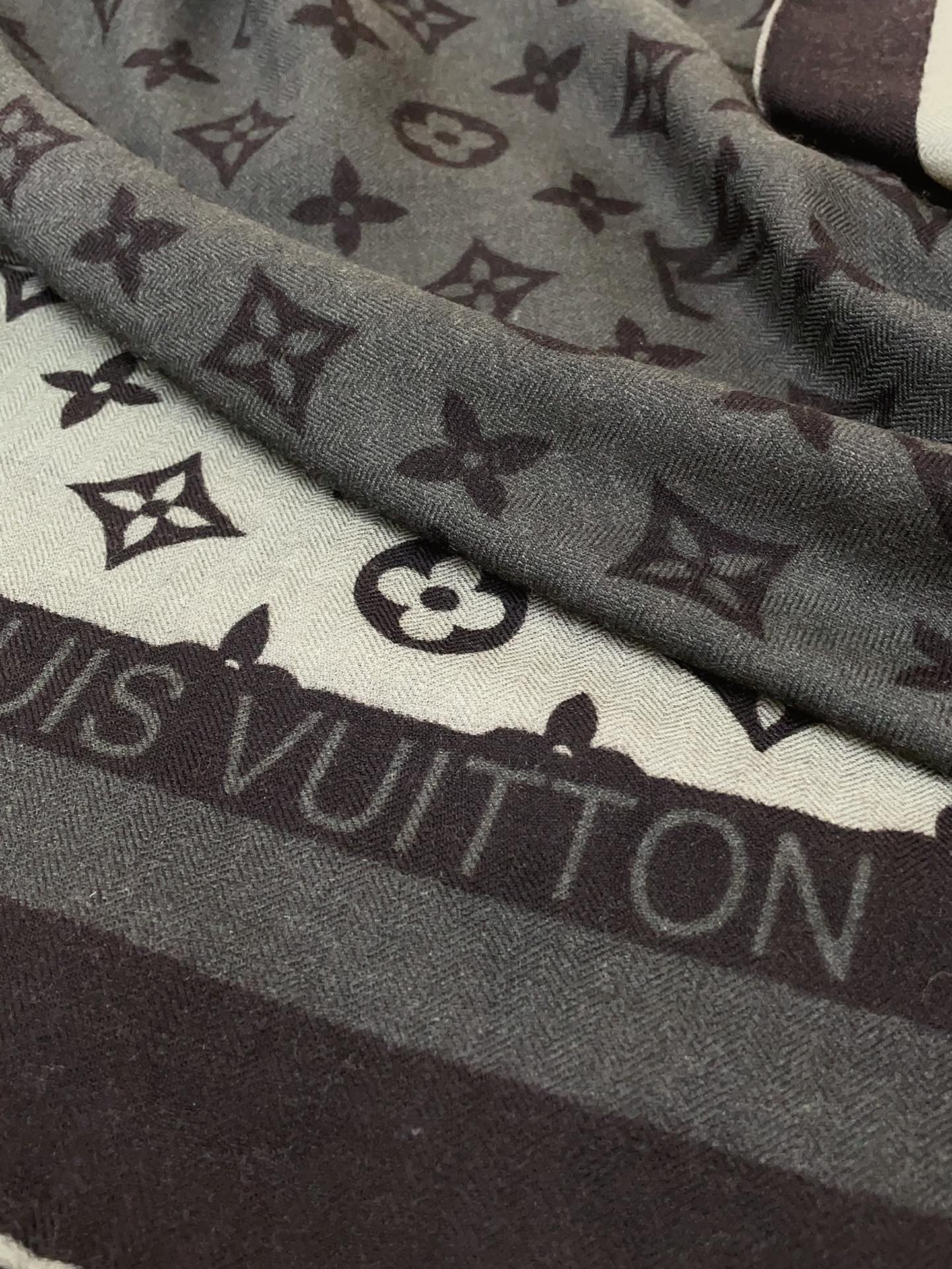 Women's Luxury Monogram Print Large Scarf - Grey and Black Oversized Shawl Wrap Fashion Accessory