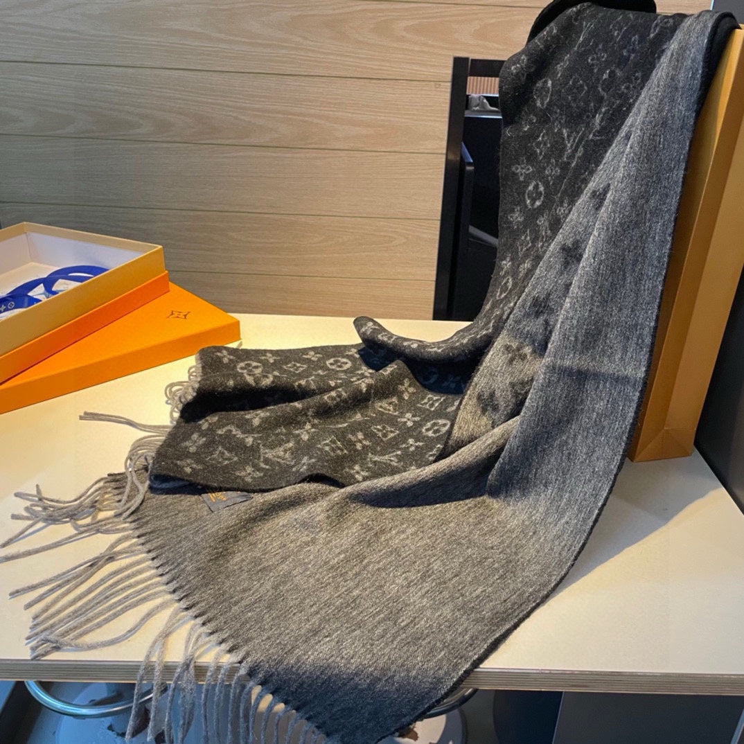 Louis Vuitton Monogram Shawl Scarf - Anthracite Grey Wool &amp; Silk Blend Luxury Designer Wrap for Women