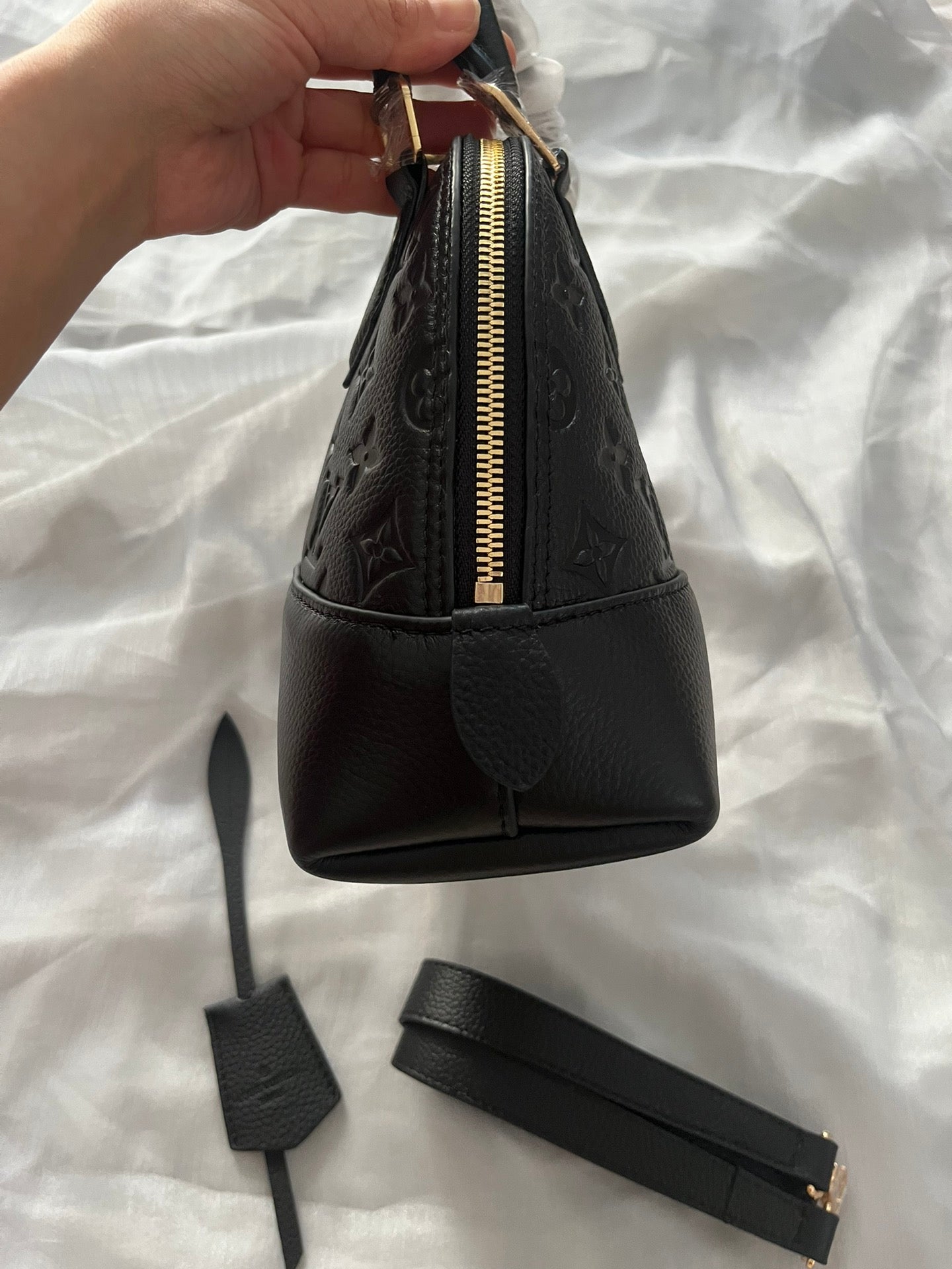 Louis Vuitton Luxury Black Embossed Leather Dome Top-Handle Handbag