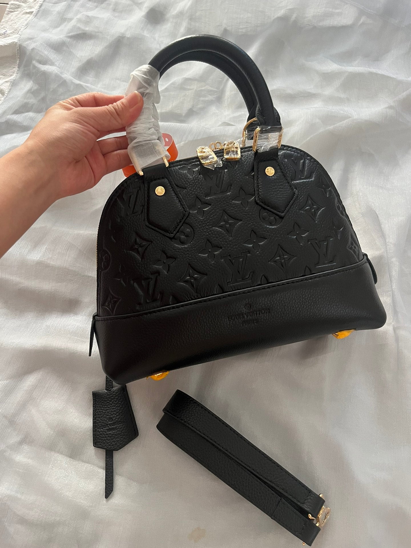 Louis Vuitton Luxury Black Embossed Leather Dome Top-Handle Handbag