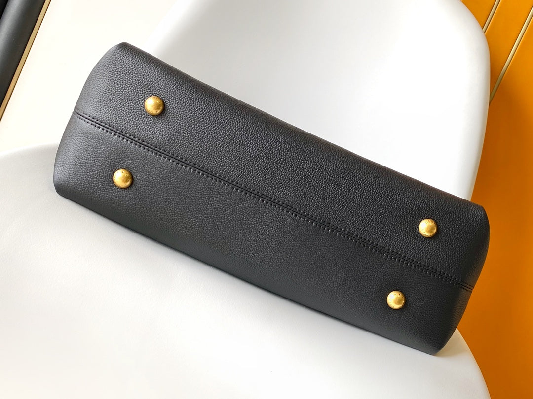 Louis Vuitton Classic Black Leather Shoulder Tote Bag with Gold Lock Detail