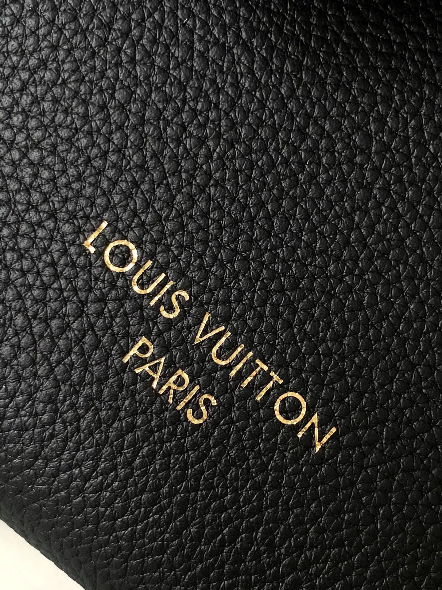 Louis Vuitton Classic Black Leather Shoulder Tote Bag with Gold Lock Detail