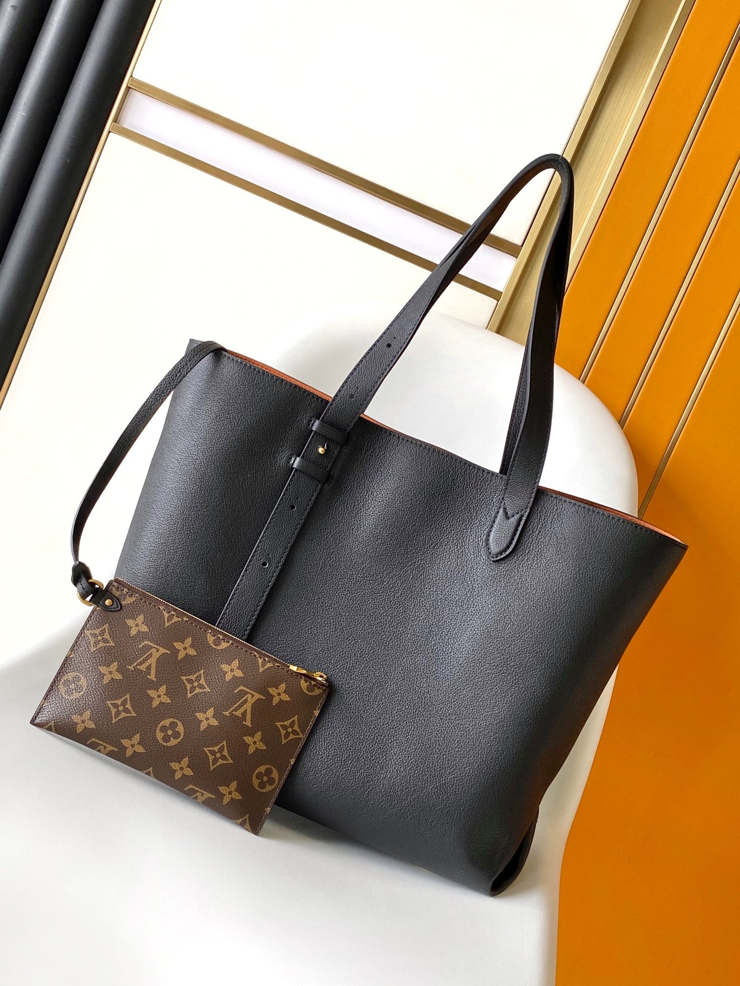 Louis Vuitton Classic Black Leather Shoulder Tote Bag with Gold Lock Detail