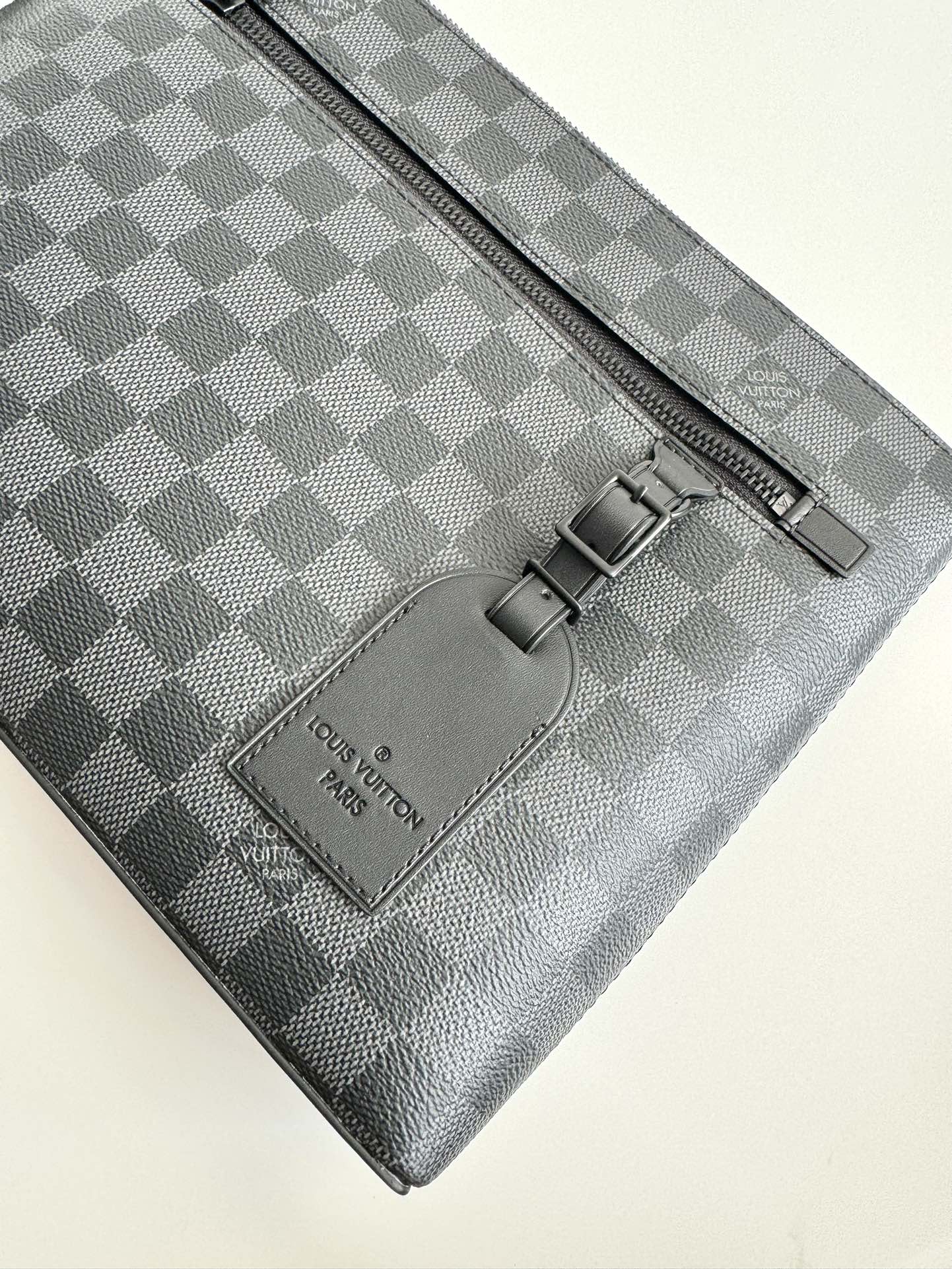 Louis Vuitton Mens Black Checkerboard Canvas Clutch Bag with Wrist Strap