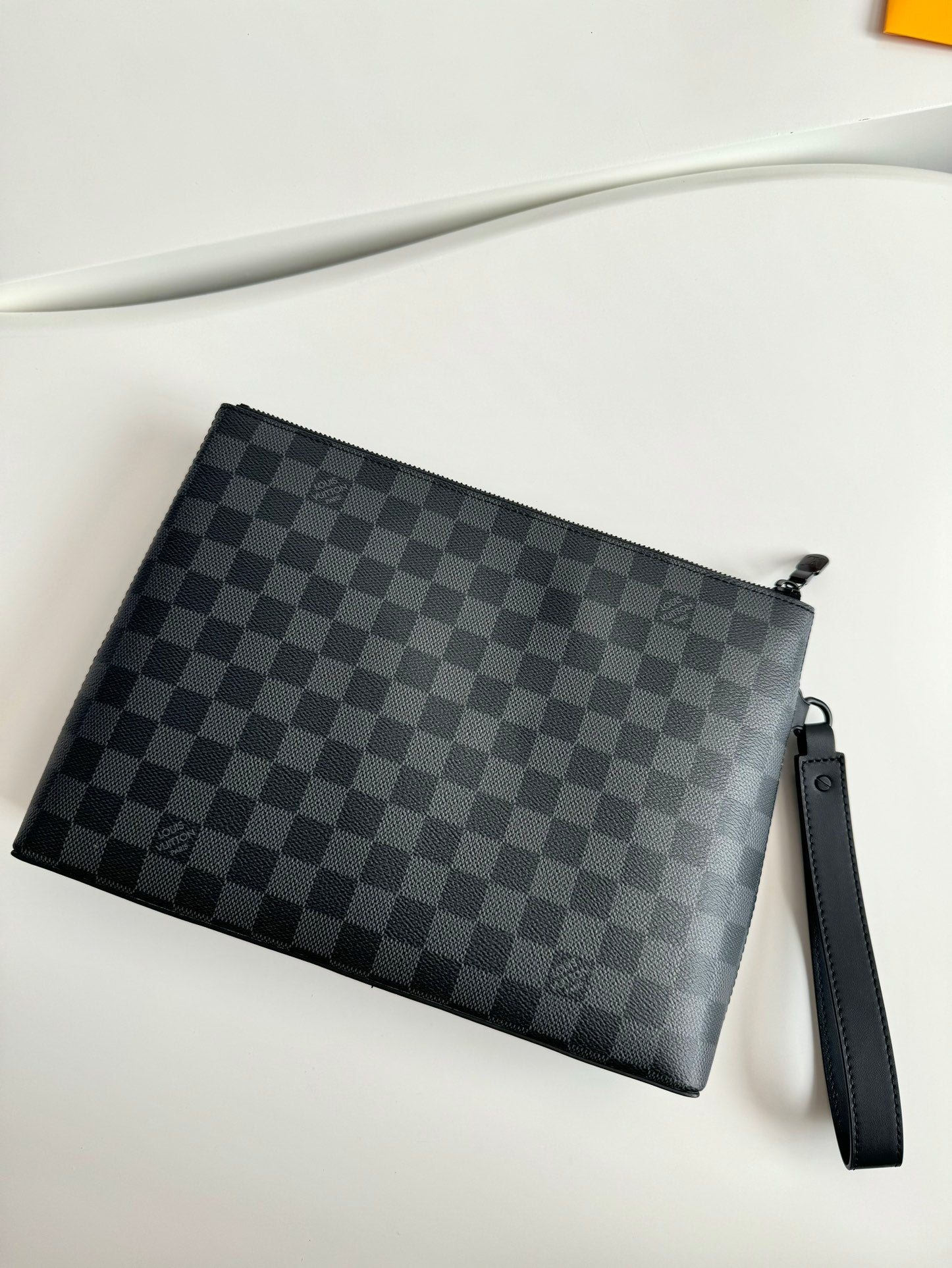 Louis Vuitton Mens Black Checkerboard Canvas Clutch Bag with Wrist Strap