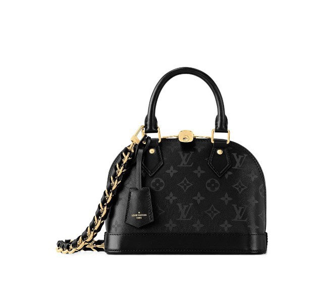 Louis Vuitton Elegant Black Embossed Leather Dome Satchel with Gold Chain