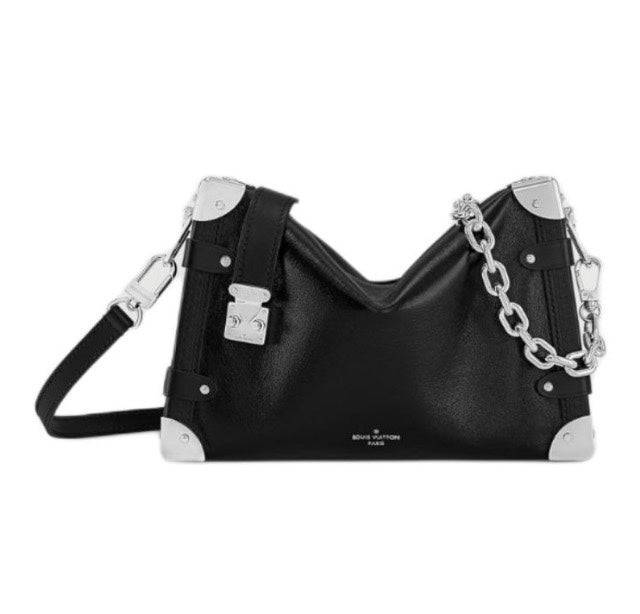 Louis Vuitton Black Leather Shoulder Bag with Silver Chain and Metal Corners