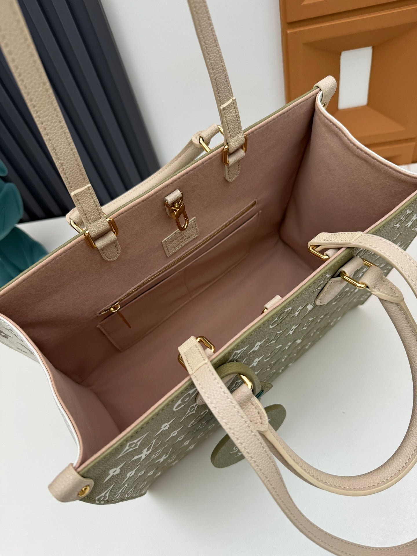 Louis Vuitton Classic Khaki Monogram Print Leather Tote Bag with Top Handles
