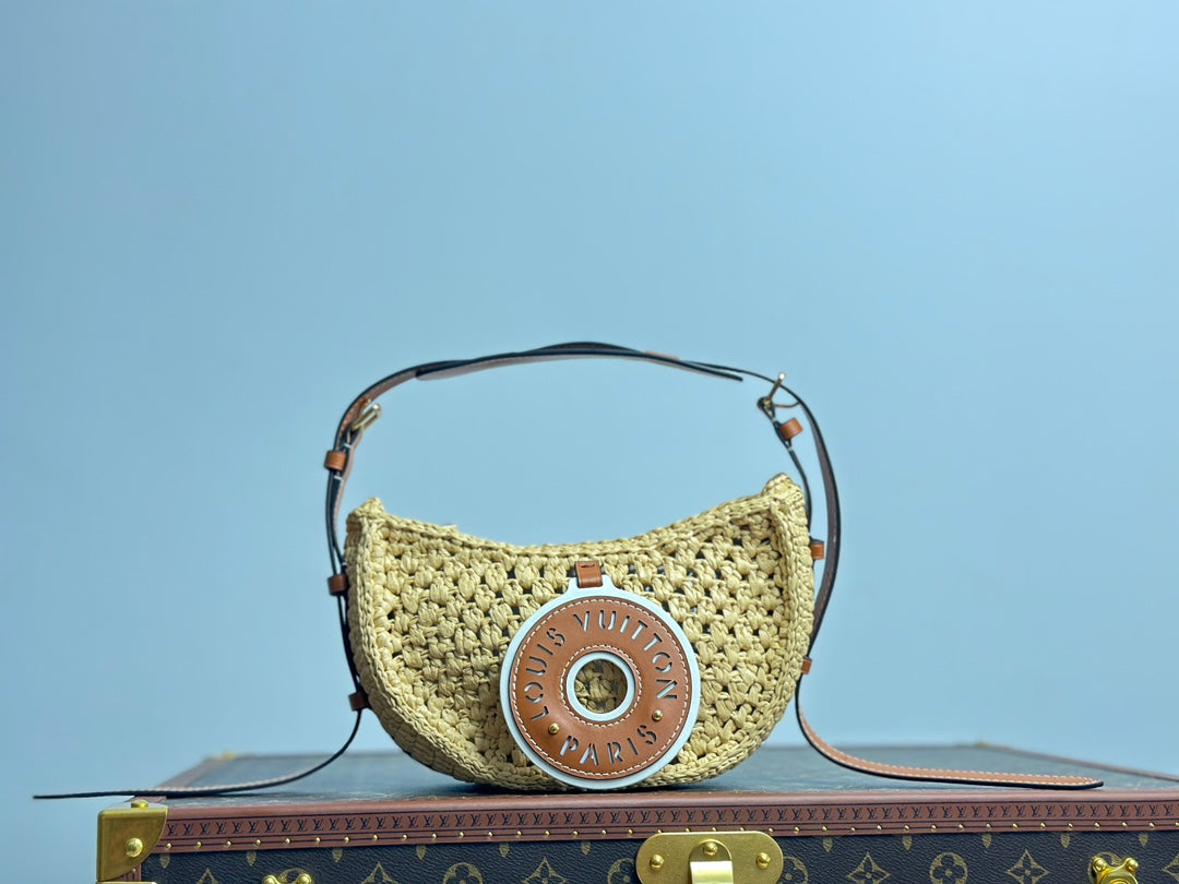 Louis Vuitton Summer Woven Raffia Crescent Shoulder Bag with Leather Trim