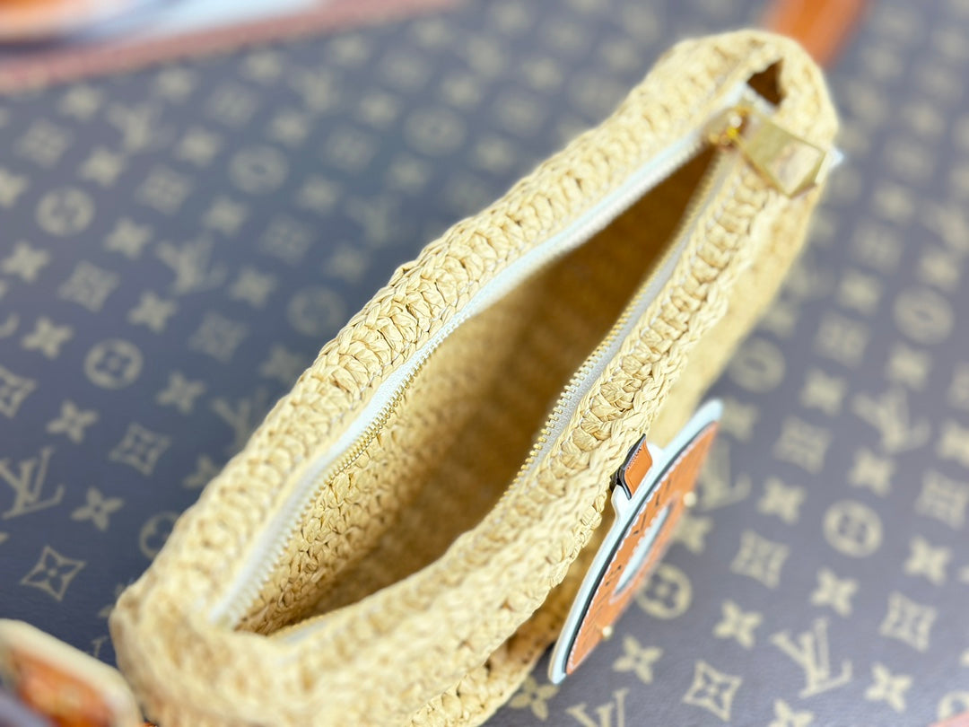 Louis Vuitton Summer Woven Raffia Crescent Shoulder Bag with Leather Trim