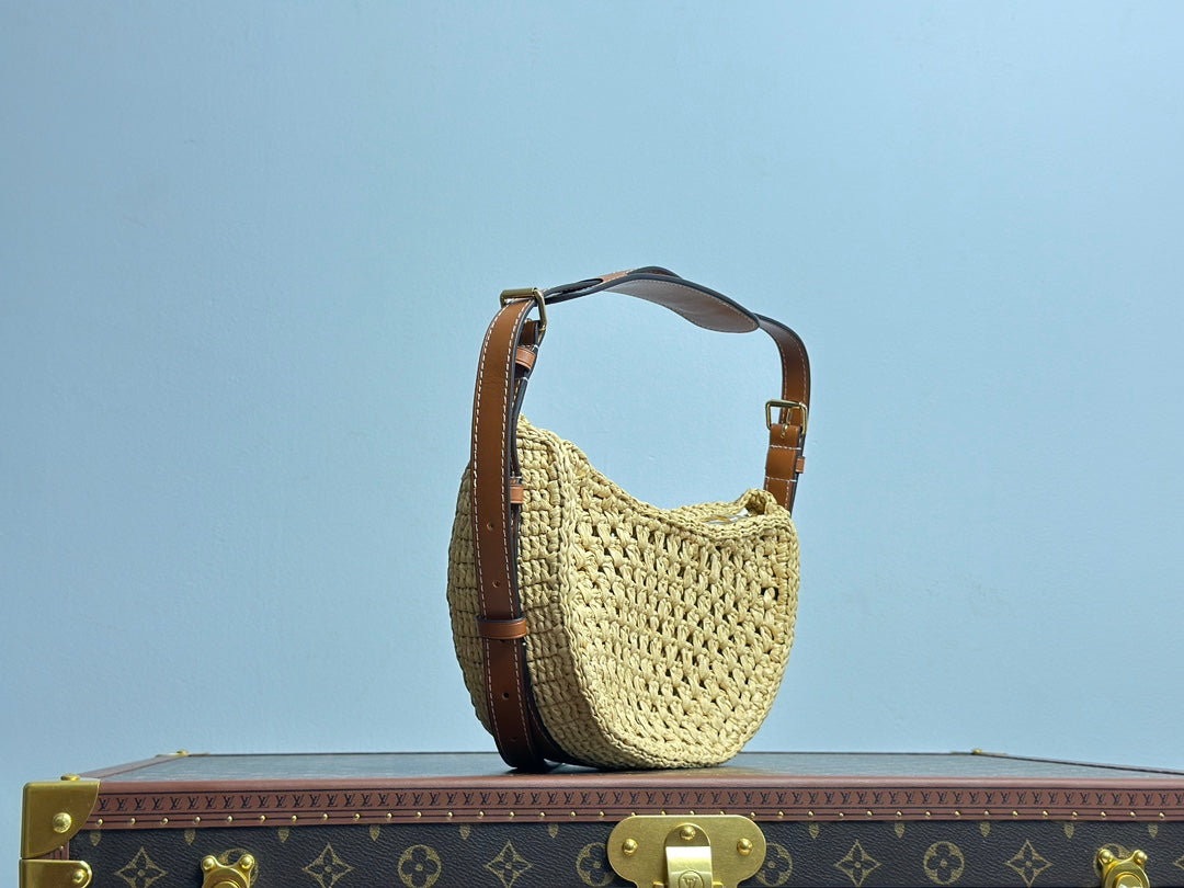 Louis Vuitton Summer Woven Raffia Crescent Shoulder Bag with Leather Trim